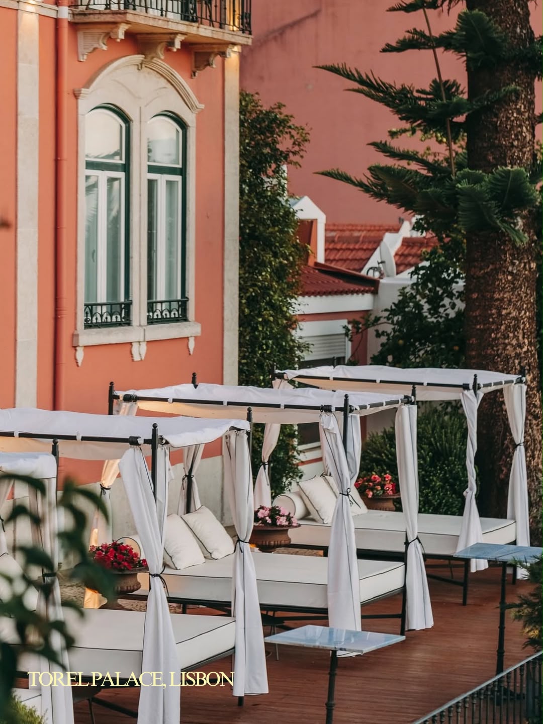 Shaded cabanas on the terrace at Torel Palace, Lisbon