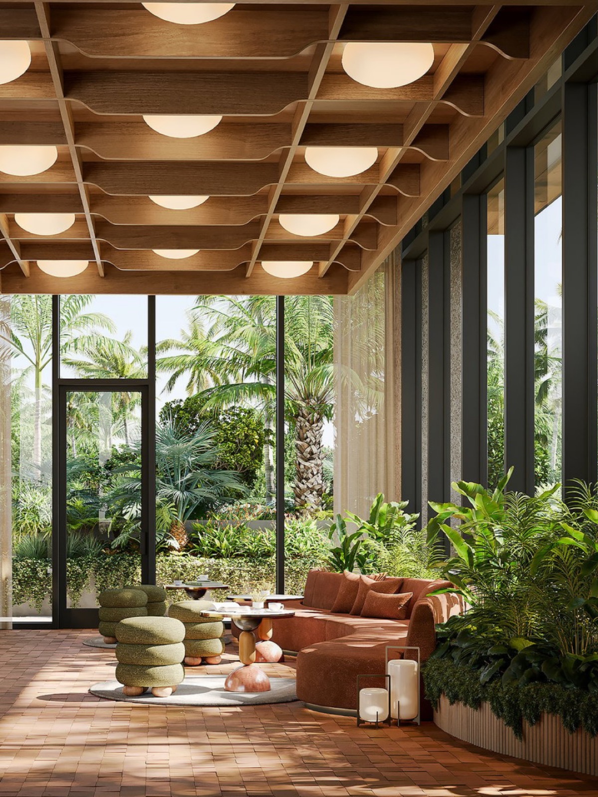 A double-height lounge with timber ceiling, terracotta floors and palms beyond full-height glass