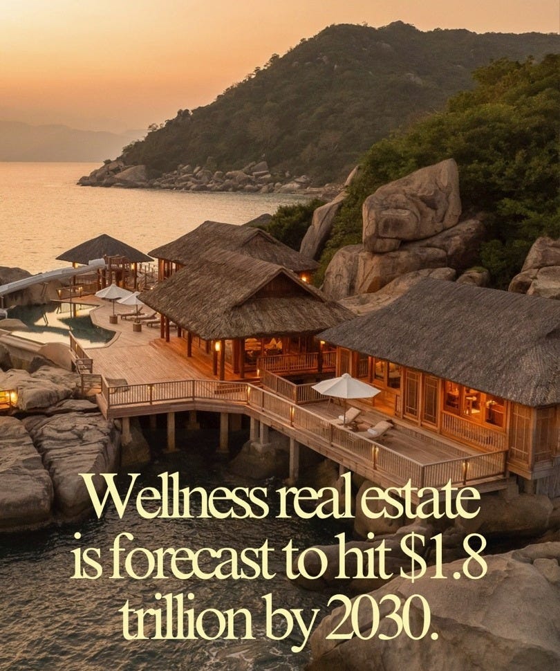 Thatched overwater villas on a rocky coast at sunset, overlaid with the words: wellness real estate is forecast to hit $1.8 trillion by 2030